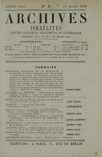 Archives israélites de France. Vol.39 N°02 (15 janv. 1878)